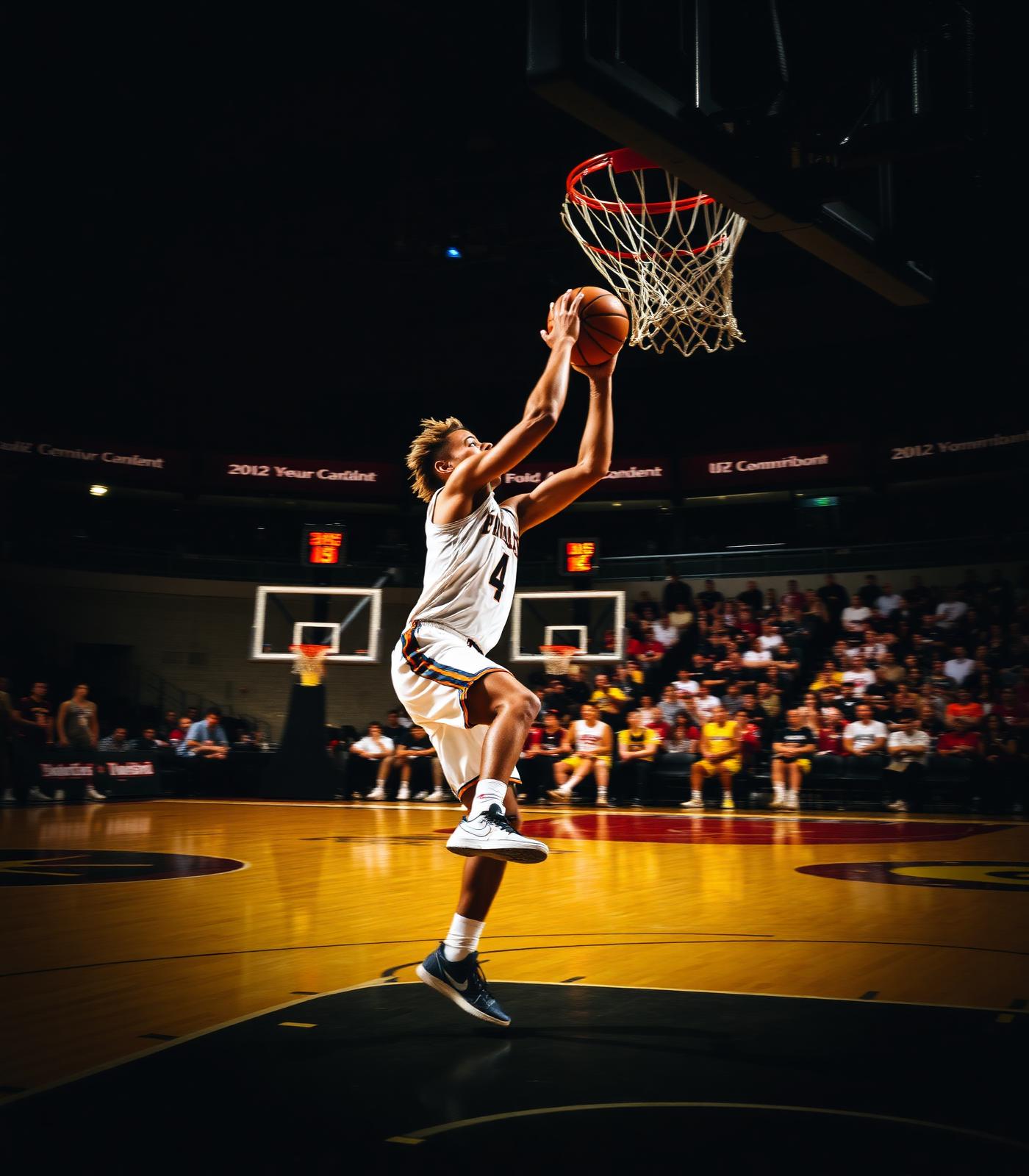 College basketball player driving to the hoop