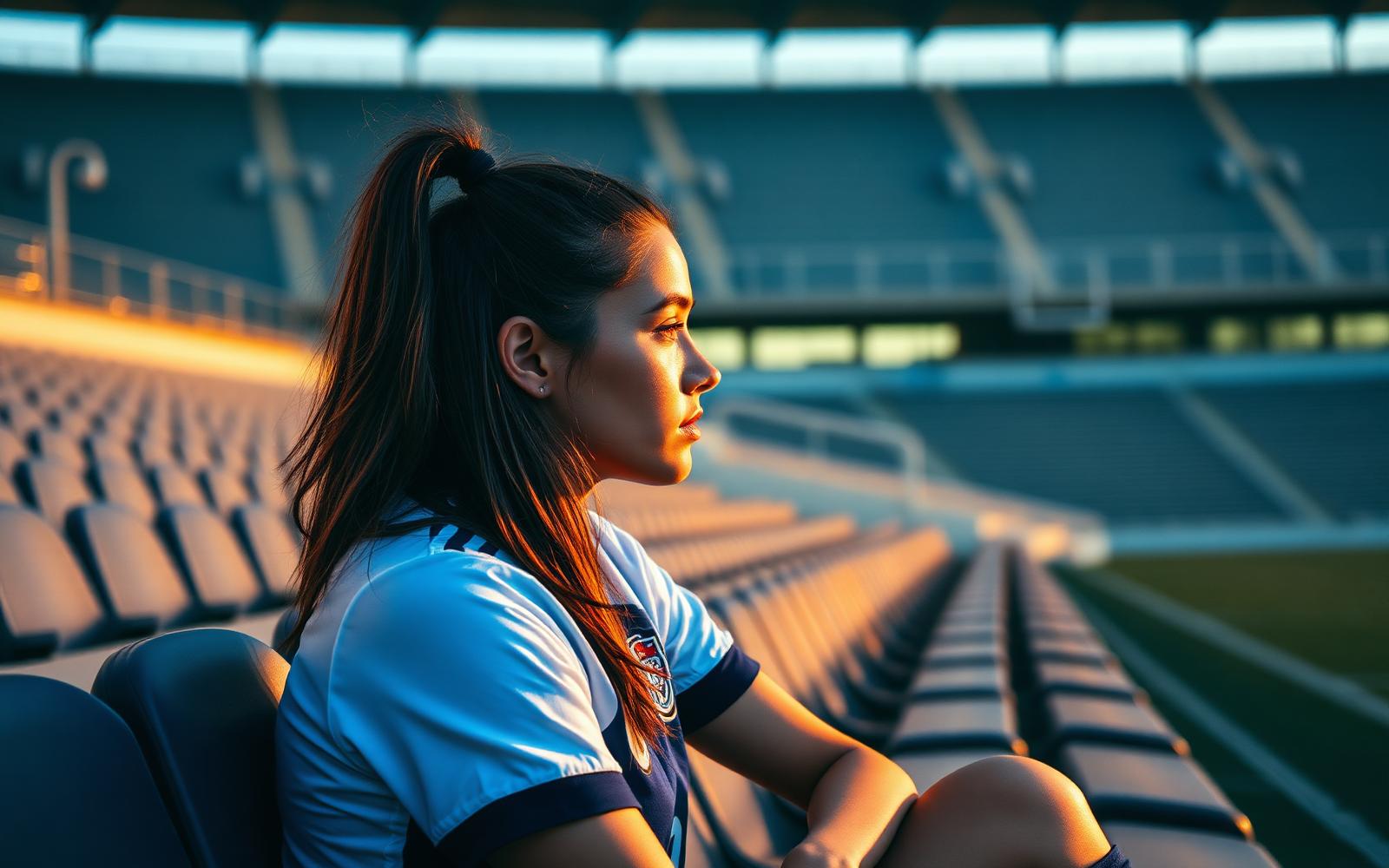 Soccer player sitting alone in empty stadium at sunset