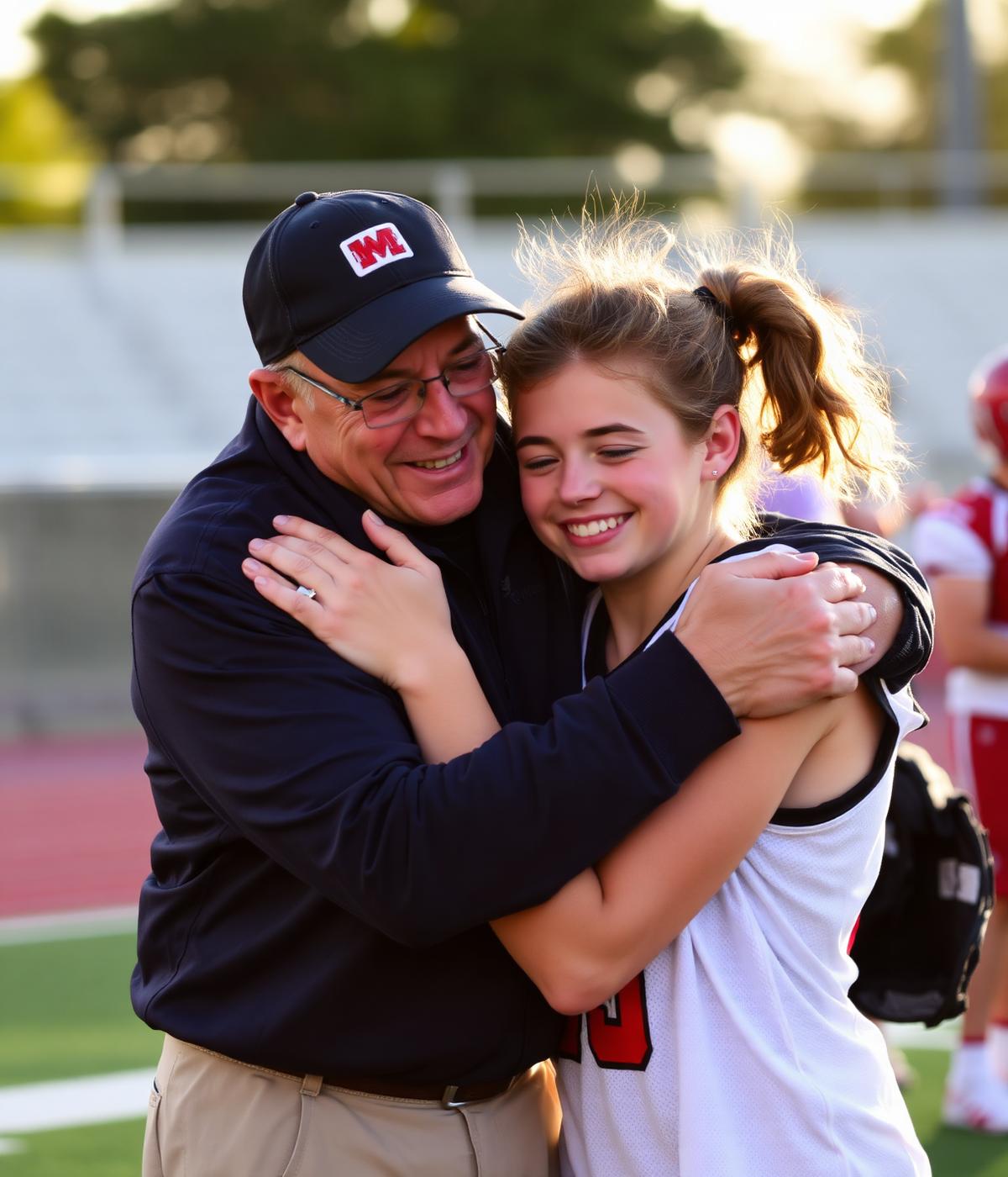 A parent embracing their student-athlete after practice
